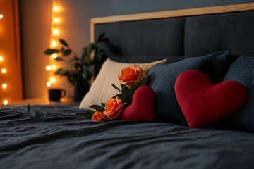 Cozy bedroom adorned with roses and heart-shaped cushions creates a romantic atmosphere in soft lighting