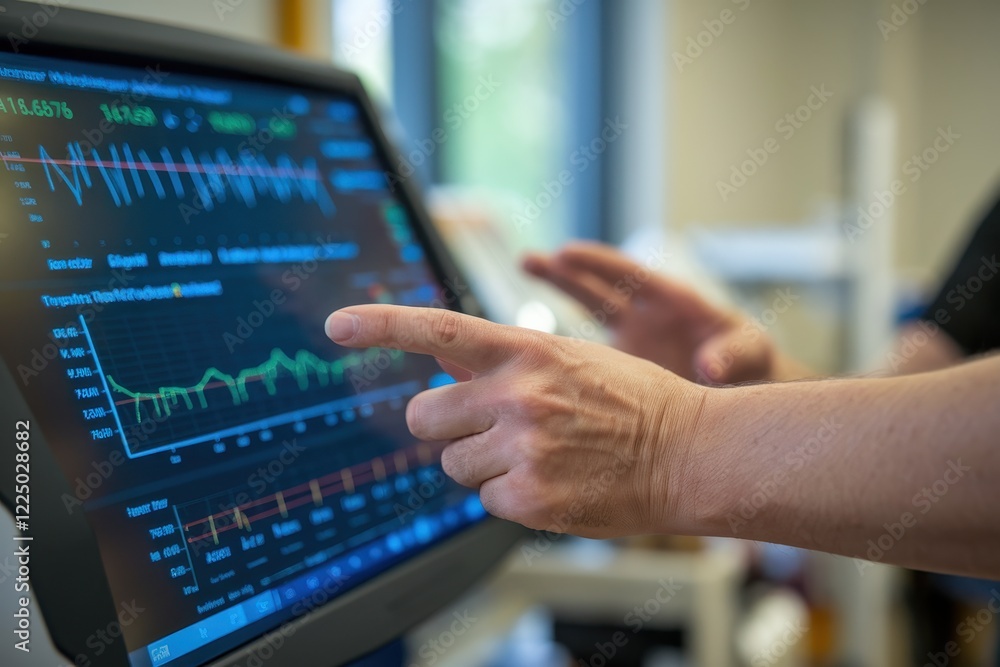 Poster hands interact with medical data display screen