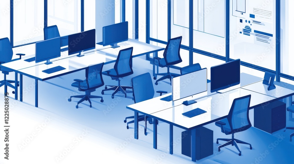 Poster modern office workspace with multiple computers, desks, and large windows showcasing a bright enviro