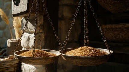 Scales with Golden Grains in Rustic Market Setting