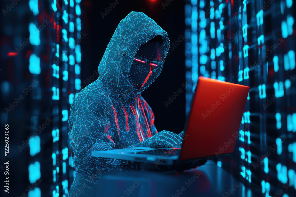 Poster a hooded hacker figure works intently on a laptop amid glowing digital data streams.