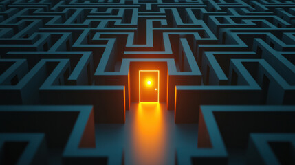 A glowing door in the center of a complex maze, symbolizing hope and guidance.