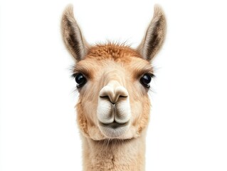 Obraz premium A close-up of a llama's face, showcasing its expressive eyes and unique features against a plain white background.