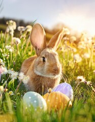 Adorable Bunny With Easter Eggs In Flowery Meadow