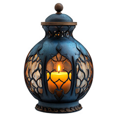 Ornate Blue Metal Lantern with Lit Candle Intricate Design Moroccan Style