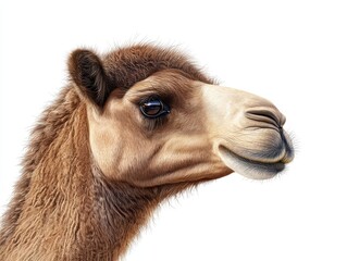 Obraz premium A close-up of a camel's head against a white background, showcasing its unique features and expressive eyes.