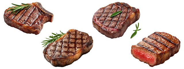 Set of grilled beef steaks with herbs, juicy and delicious, isolated on transparent background