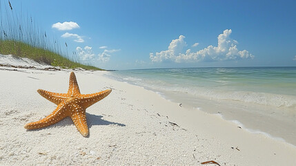 Starfish on a Sandy Beach with Gentle Waves and Blue Sky, Ideal for Nature and Travel Themes