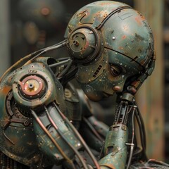 Robot cyborg humanoid artificial intelligence rusty metal weathered texture futuristic machine technology ai concept 3d rendering design.