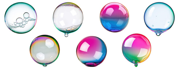 Set of colorful soap bubbles with rainbow reflections, isolated on transparent background