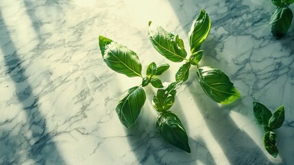 Fresh basil sprigs on marble surface in sunlight.