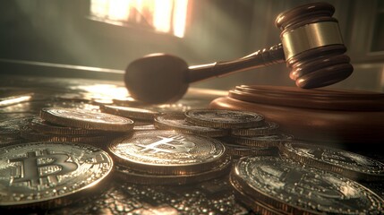 Gavel and Bitcoin Coins Symbolizing Cryptocurrency Law and Justice