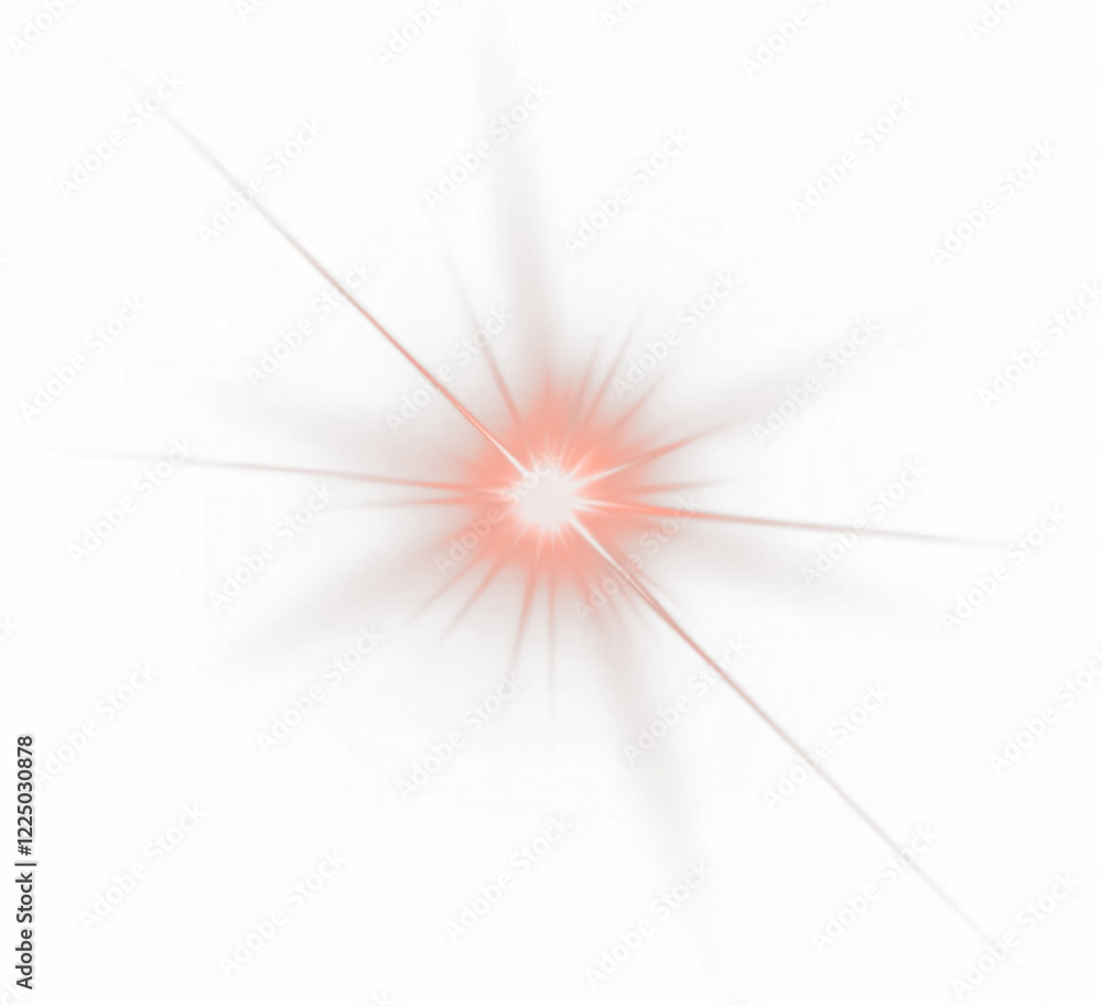 Poster A radiant red glow emanating from the center with long rays, symbolizing the sun and a powerful flash. Surrounded by shimmering particles, soft gradients blend into the background, exuding warmth a