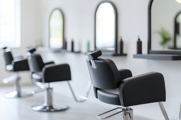 Modern hair salon interior with sleek chairs and stylish mirrors in a bright space.