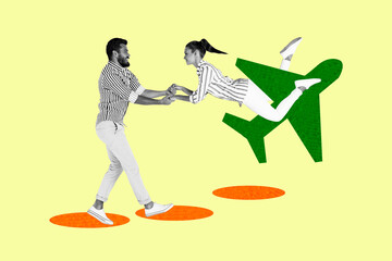 Composite photo collage of two happy girl guy passenger aircraft transport honeymoon travel airport...