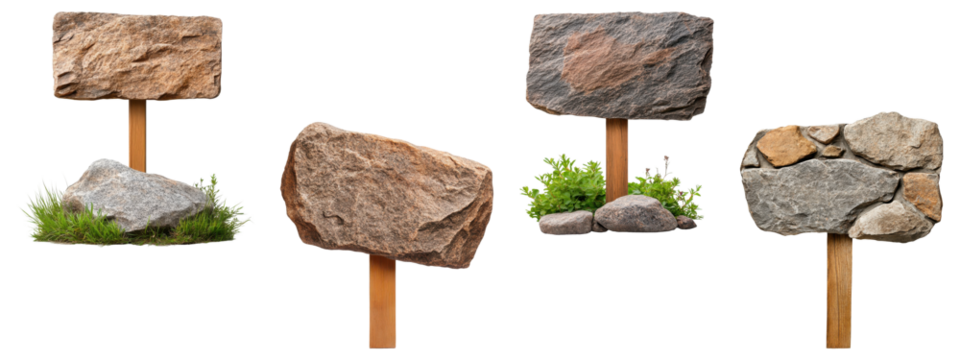 Set of rustic stone signboards with wooden posts and greenery, isolated on transparent background