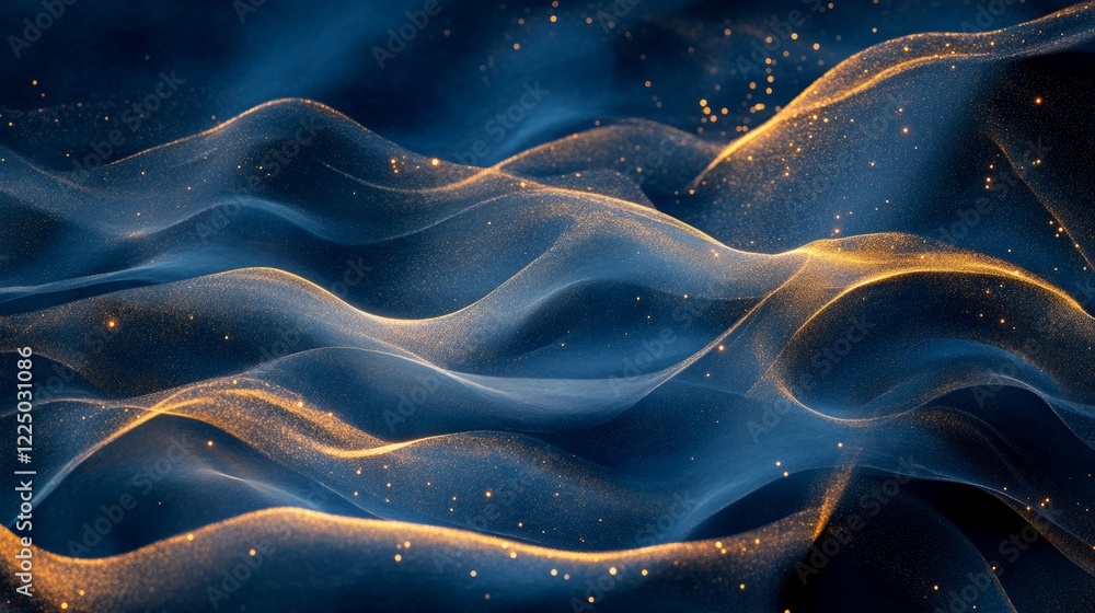 Poster minimalist abstract flow of blue and gold soft light with glowing edges and subtle radiance