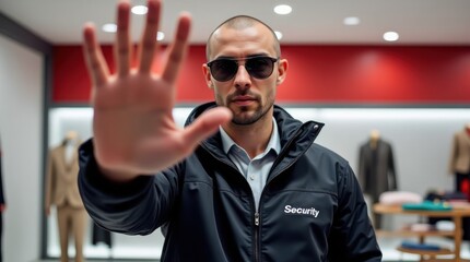 Security Personnel Prevents Access in Upscale Clothing Store