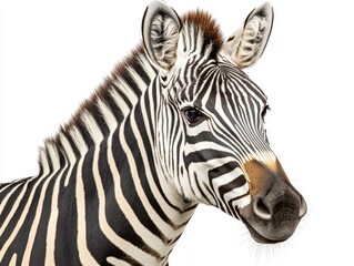 Fototapeta premium A close-up of a zebra's head showcasing its distinctive black and white stripes against a white background.