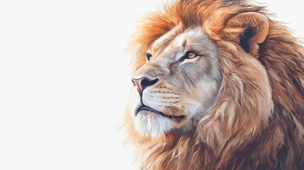 Fototapeta premium A majestic lion gazes intently, showcasing its impressive mane and regal presence against a soft, light background.