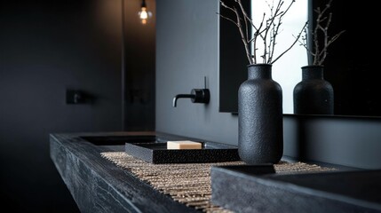 A bathroom with a black sink and a black vase with a branch in it