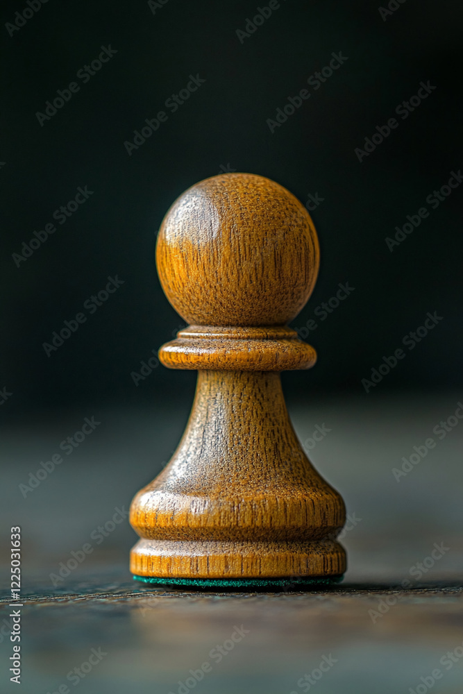 Poster close-up of a wooden chess pawn with a polished texture on a dark background, symbolizing strategy, 