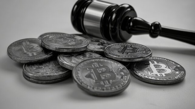 Bitcoin Coins with Gavel Representing Cryptocurrency Legal Issues