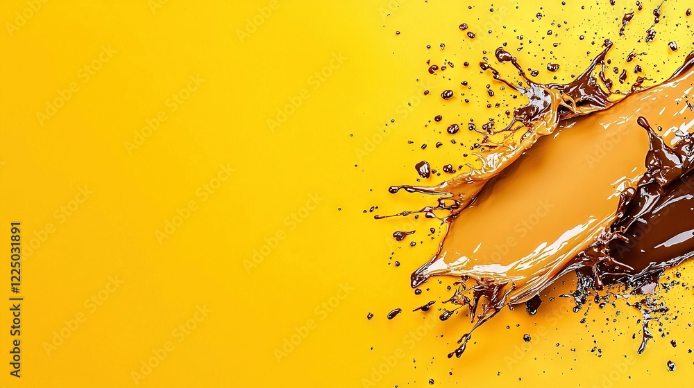 Poster a yellow background with chocolate splashing out of the top and bottom of the chocolate splashing ou