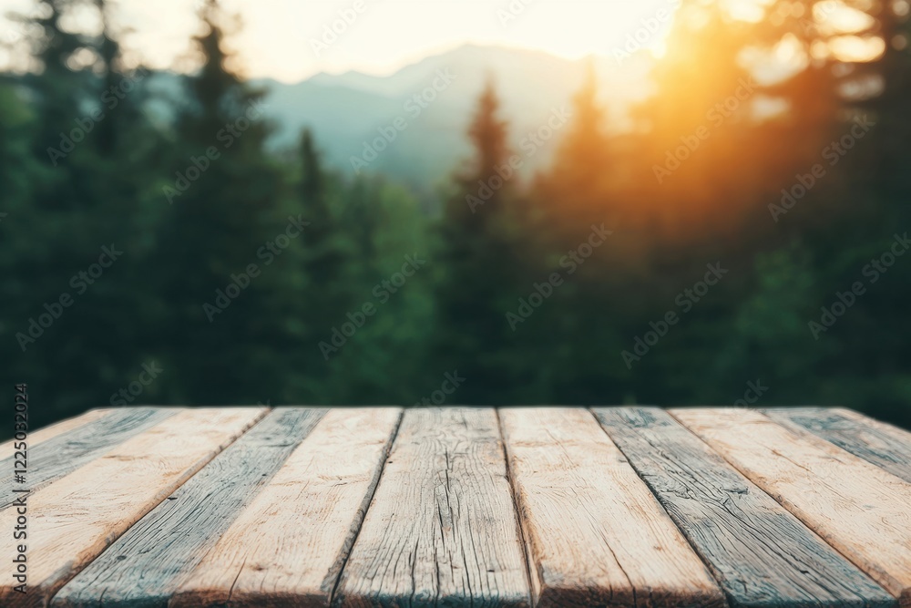 Poster empty wooden table showing a blurred mountain forest in background at sunset
