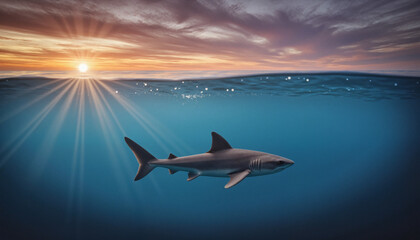 Fototapeta premium Solitary blacktip shark swimming below water surface during vibrant sunset