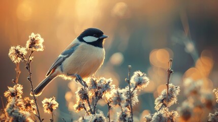 Obraz premium Small bird perched on winter plant at sunset.