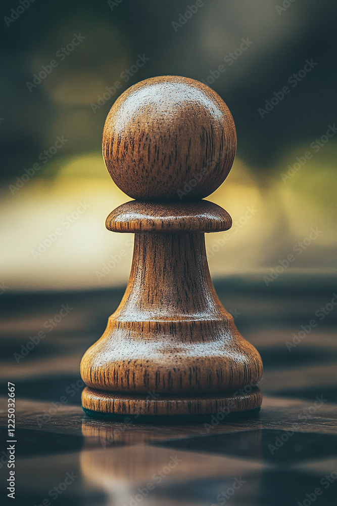 Poster wooden chess pawn on a reflective chessboard with a blurred background, symbolizing strategy, focus,