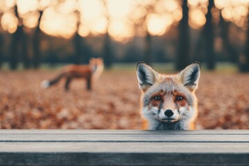 Obraz premium Curious fox peeking over wooden table in autumn forest at sunset