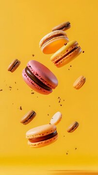 Chocolate chips and vibrant macarons floating gracefully against a bright yellow background, creating an enticing and visually striking dessert scene full of sweetness and indulgence