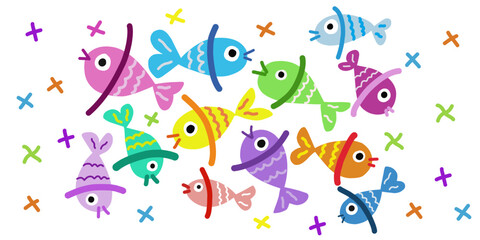 playful hand drawn vector illustration of colorful fish. Perfect for children’s designs, aquatic themes, fun prints, and creative projects. Whimsical and artistic underwater