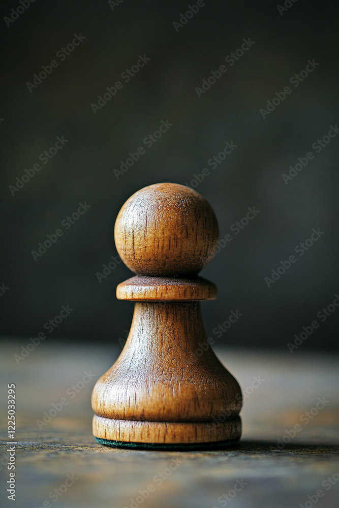 Poster close-up of a wooden chess pawn on a textured surface with blurred background, symbolizing strategy,