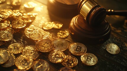 Gavel and Bitcoin Coins on Wooden Surface with Warm Light Effect