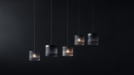 A series of black lighted glass globes hanging from the ceiling