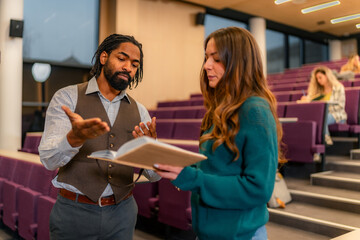 Professor explaining lesson to student in university lecture hall