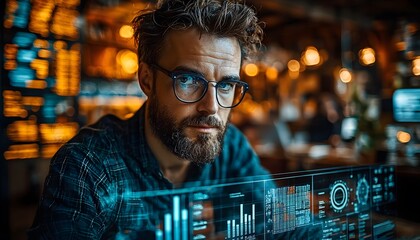 Focused Young Man with Beard and Glasses Analyzing Data on Digital Interface in a Modern Cafe with Warm Lighting in the Background