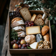 Artisanal bread and cheese box with fruits and nuts