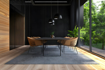 Modern office interior with a black wall, a conference table, and chairs in front of it