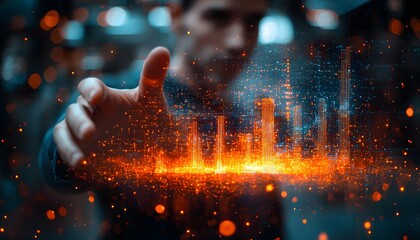 Abstract digital visualization with glowing data patterns and futuristic technology interface projected by a user interacting with virtual elements in a dark atmosphere