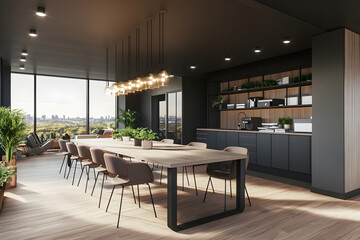 Fototapeta premium Modern office interior with a black wall, a conference table, and chairs in front of it