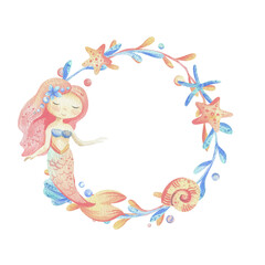 Mermaid is a little girl with long hair and a tail. Watercolor illustration hand drawn with pastel colors turquoise, blue, mint, coral, peach, pink. Round frame wreath isolated from background