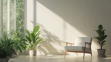 Sunlit modern interior space with a minimalist armchair and potted plants casting soft shadows