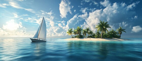 Tranquil Tropical Island with Palm Trees and Sailing Boat on Calm Ocean - Relaxing Nature Scene for Travel Websites and Magazines