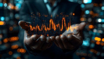 Hands Holding a Digital Data Visualization Displaying Fluctuating Graphs and Data Analytics Over a Futuristic Background Representing Technology and Innovation
