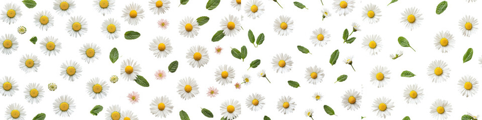 Fototapeta premium Closeup view of beautiful white daisy flowers blooming in a lush green meadow with fresh foliage Peaceful natural background with a serene organic aesthetic