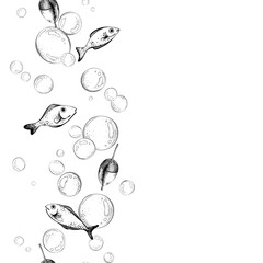 Cute fish with float and bubbles in marine theme. Graphic illustration line art in black and white monochrome, hand drawn with ink. Seamless border vertical pattern.